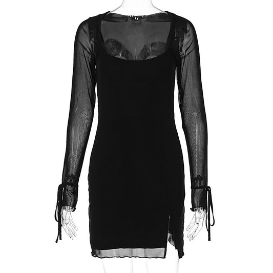 Autumn and Winter New Fashion Style Long sleeved Sexy Mesh Spliced Split Dress
